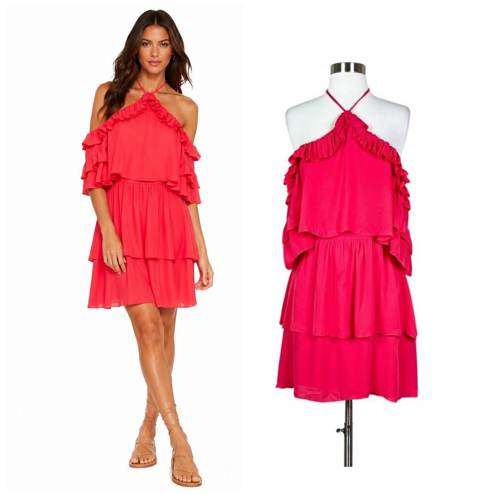 Parker | Silk Lorenza Ruffle Coral Pink Tiered Halter Off Shoulder Mini Dress 2